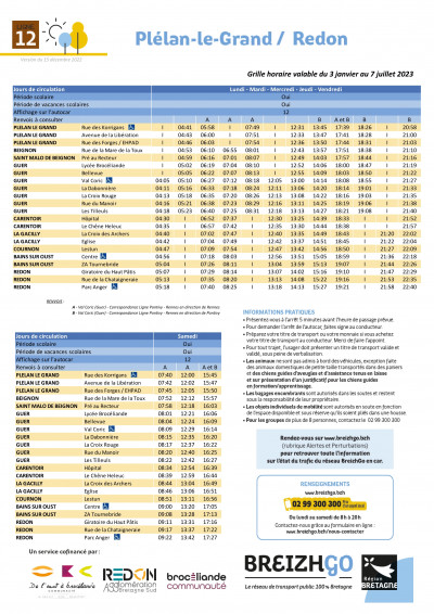 horaires de la ligne Plélan-le-Grand / Redon