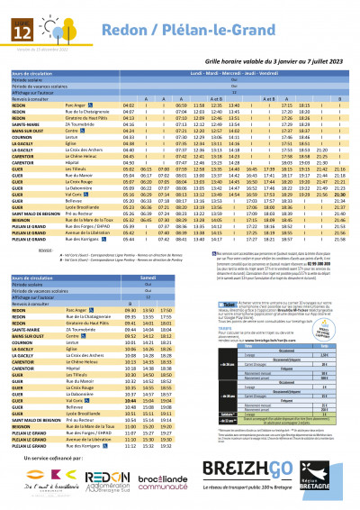 horaires de la ligne Redon / Plélan-le-Grand