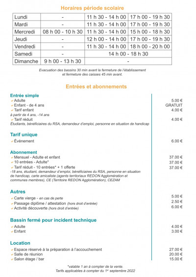 période scolaire, horaires et tarifs