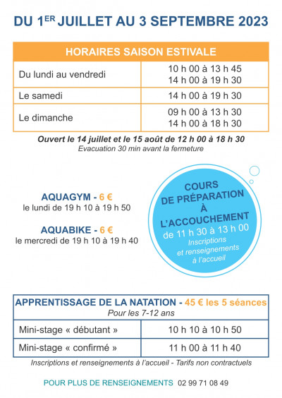 horaires horaires piscine Redon été 2023